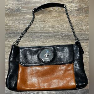 DKNY. OS. Black and Cognac Leather Handbag.